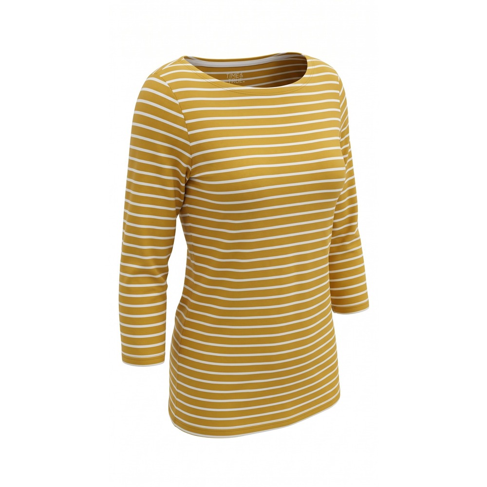 Time and Tru Womens Mustard Yellow White Striped 3/4 Sleeve Top L 12-14